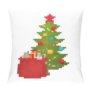 Personality  Christmas Tree And Bag Santa Pixel Art. 8bit Red Sack Of Toys And Sweets For Children. New Year Video Game Old School Pillow Covers