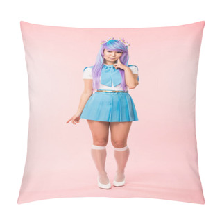 Personality  Full Length View Of Otaku Girl In Purple Wig Smiling On Pink Pillow Covers