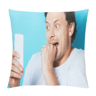 Personality  Selective Focus Of Scared Man Using Smartphone On Blue Background Pillow Covers