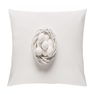 Personality  White Chicken Eggs In Easter Wreath On White Background Pillow Covers
