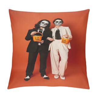 Personality  Full Length Of Elegant Couple In Catrina Makeup  Holding Candy Buckets On Red, Day Of Dead Fest Pillow Covers