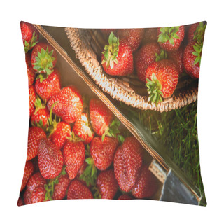 Personality  Top View Of Raw Strawberries In Wooden Box And Wicker Basket On Grass  Pillow Covers
