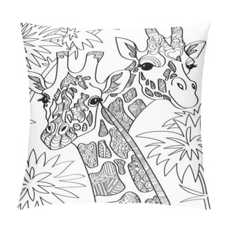 Personality  Two Giraffe Head Looking At Both Sides With Tall Trees Colorless Line Drawing. Giraffa Heads Long Neck With Leaves Background Coloring Book Page. Pillow Covers