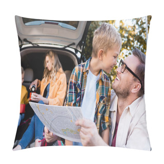 Personality  Smiling Man Holding Map Near Son And Wife With Daughter Near Car On Blurred Background  Pillow Covers