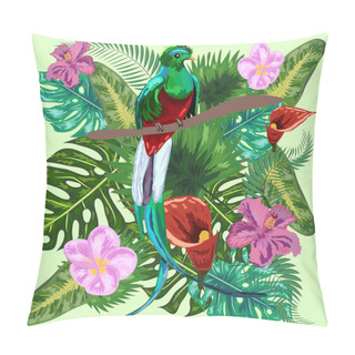 Personality  Green Tropical Bird Great Resplendent Quetzal Sitting On A Branch Against The Backdrop Of A Tropical Foliage And Flowers, Design, Rare, Endangered Species, Red Data Book, Security Pillow Covers