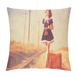 Personality  Beautiful Brunette Girl With Suitcase On The Countryside Road. Pillow Covers