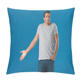 Personality  Surprised Man Gesturing With Hand And Looking At Camera Isolated On Blue Pillow Covers