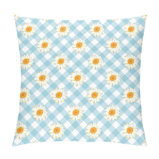 Personality  Chamomile Seamless Pattern. Daisies On Blue Gingham Check Background. Pillow Covers