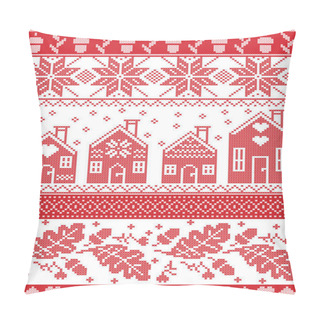 Personality  Scandinavian And Norwegian Christmas Folk Inspired Festive Autumn And Winter  Seamless Pattern In Cross Stitch With Acorn, Oak Leaf, Gingerbread House, Snow Snowflakes And Ornaments In Red And White Pillow Covers