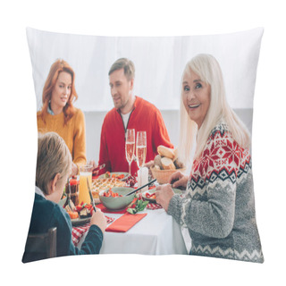 Personality  Selective Focus Of Cheerful Grandmother Sitting Near Family At Festive Table Pillow Covers