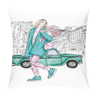 Personality Beautiful Girl In A Stylish Coat, Jeans And Shoes. Vector Illustration For A Postcard Or A Poster. Fashion And Style, Clothing And Accessories. Bouquet Of Peony And Roses. Flowers. Vintage Taxi. Pillow Covers