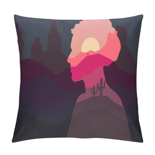 Personality Vector Double Exposure Illustration. Woman Silhouette Nature Background. Pillow Covers