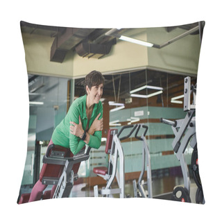 Personality  Happy Elderly Woman With Short Hair Working Out In Gym, Active, Motivation, Exercise Machine Pillow Covers