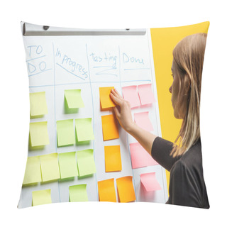 Personality  Smart Businesswoman Standing Near White Flipchart, Attaching Sticky Notes With Copy Space Pillow Covers