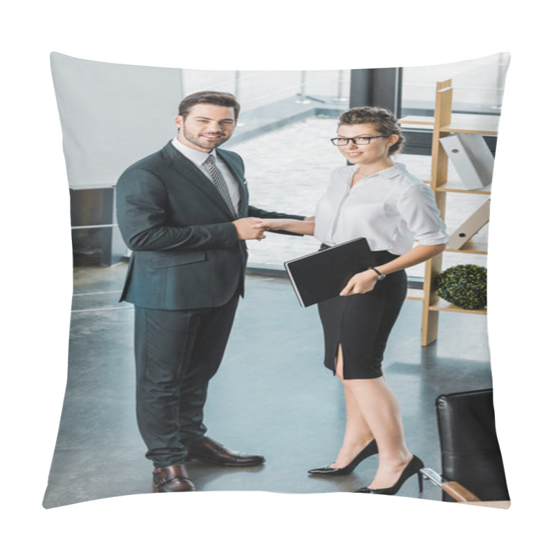 Personality  High Angle View Of Smiling Business Colleagues Shaking Hands In Office Pillow Covers