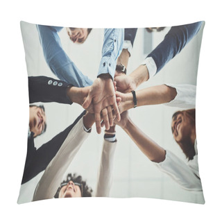 Personality  Hands Together, Business People And Solidarity With Low Angle, Support And Team Huddle With Collaboration. Group Of Employees Working In Office, Teamwork And Mission With Workforce And Hand Stack. Pillow Covers
