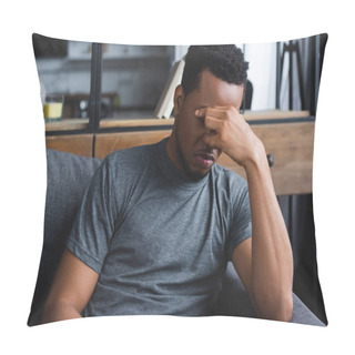 Personality  Frustrated African American Man Sitting On Sofa At Home Pillow Covers