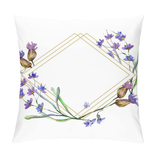 Personality  Purple Lavender Flowers. Watercolor Background Illustration. Rhombus Frame. Gold Crystal Stone Polyhedron Mosaic Shape Amethyst Gem. Pillow Covers