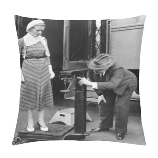 Personality  Profile Of A Man Measuring Weight Of A Woman Standing On A Weighing Scale In Front Of A Train Pillow Covers