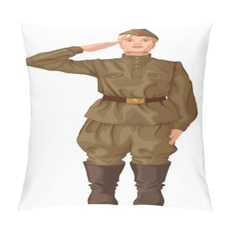 Personality  Russian soldier salutes. Military man in retro uniform isolated on white pillow covers