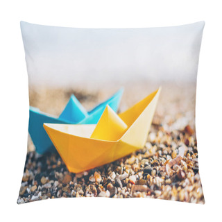 Personality  Blue And Yellow Paper Boats On The Pebble Beach Pillow Covers