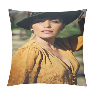 Personality  Portrait Of Young Gorgeous Woman Wearing Hat And Confidently Looking Away Outdoor Pillow Covers