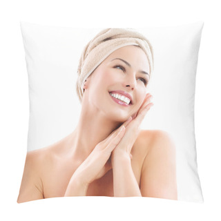 Personality  Beautiful Girl After Bath Touching Her Face. Skincare Pillow Covers