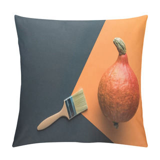 Personality  Top View Of Pumpkin Near Paintbrush On Black And Orange Background Pillow Covers