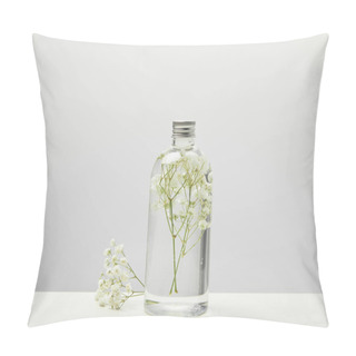 Personality Natural Homemade Beauty Product With White Wildflowers In Transparent Bottle On Grey Background Pillow Covers
