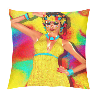 Personality  Sexy Woman With Sugar Skull Makeup Of La Santa Muerte,colorful Floral Mexican Mask, Day Of Dead. Pillow Covers