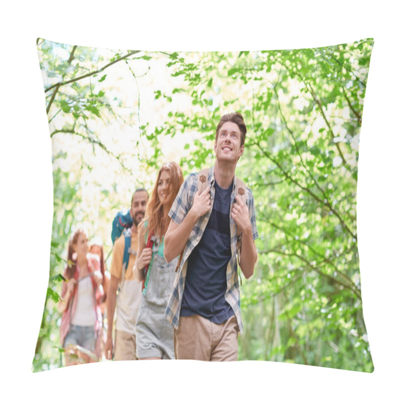 Personality  Group Of Smiling Friends With Backpacks Hiking Pillow Covers