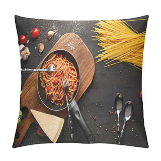 Personality  Top View Of Tasty Bolognese Pasta In Frying Pan Near Ingredients And Cutlery On Black Wooden Background Pillow Covers