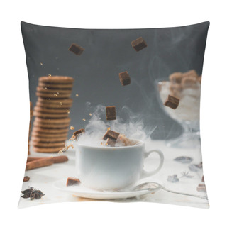 Personality  Close-up Of Brown Sugar Cubes Falling Into Coffee Cup With Splashes Pillow Covers