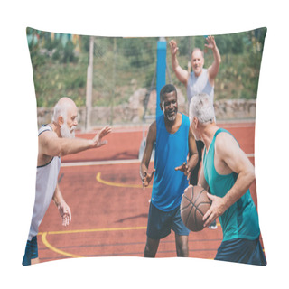 Personality  Interracial Elderly Sportsmen Playing Basketball Together On Playground Pillow Covers