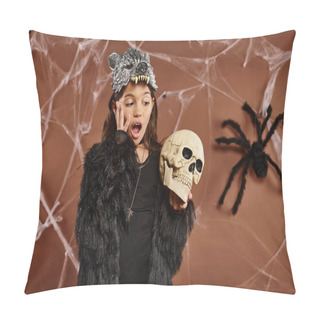 Personality  Close Up Terrified Preteen Girl Wearing Wolf Mask Holds Skull In Her Hands, Halloween Concept Pillow Covers