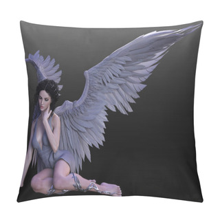 Personality  Fantasy Gray Angel Female With Black Hair And Dove Gray Wings Pillow Covers