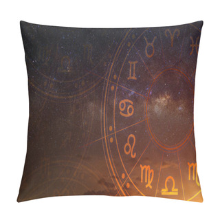 Personality  Astrological Zodiac Signs Inside Of Horoscope Circle. Astrology, Knowledge Of Stars In The Sky Over The Milky Way And Moon. The Power Of The Universe Concept. Pillow Covers