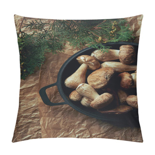 Personality  Top View Of Raw Delicious Boletus Edulis Mushrooms In Pan Pillow Covers