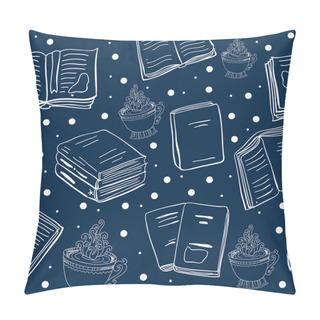 Personality  Blue Seamless Pattern With Books And Cups Pillow Covers