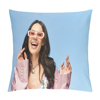 Personality  A Stylish Woman With Pink Sunglasses And Jacket Poses Confidently In A Studio Against A Summery Blue Background. Pillow Covers
