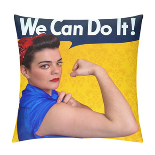 Personality Young Woman Posing As Working Girl Like The Original Poster Of Rosie The Riveter, Year 1943 Pillow Covers