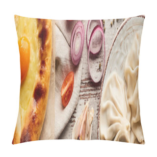 Personality  Top View Of Delicious Khinkali Near Adjarian Khachapuri On Wooden Table, Panoramic Shot Pillow Covers