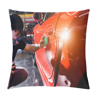 Personality  Car Service Worker Applying Nano Coating On A Car Detail Pillow Covers