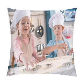 Personality  Adorable Little Kids In Chef Hats And Aprons Preparing Cookies Together Pillow Covers