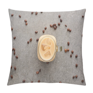 Personality  Top View Of Delicious Ice Coffee In Glass Jar Near Coffee Grains On Grey Background Pillow Covers