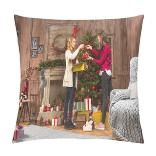 Personality  Women Decorating Christmas Tree Pillow Covers