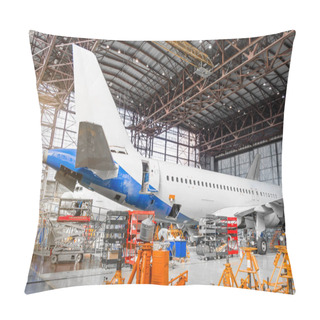 Personality  Passenger Aircraft On Maintenance Of Engine Repair, Among The Jacks, A View Of The Tail And The Rear Of The Fuselage In Airport Hangar. Pillow Covers