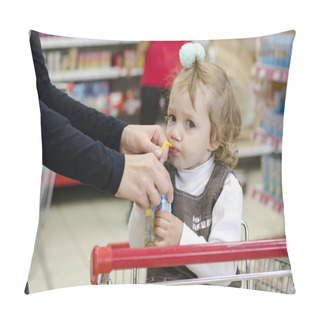 Personality  A Child Drinks Juice Sitting In A Cart To The Store Pillow Covers