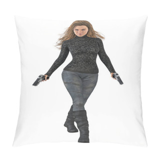 Personality  Beautiful Powerful Woman Assassin Holding Two Guns Isolated On White Background. Futuristic Or Post Apocalyptic In Style And Also Suited To Urban Fantasy Themes. Pillow Covers