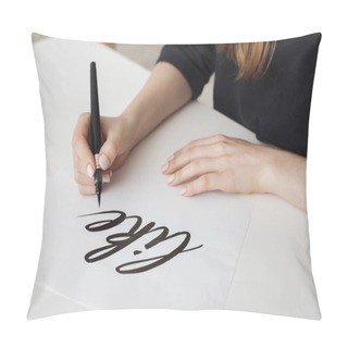 Personality  Close Up Photo Of Young Woman Hands Writing On Paper On Desk  Isolated Pillow Covers
